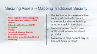 Securing Assets – Mapping Traditional Security 
• Packet inspection means either 
routing all the traffic back to 
customer location or building 
another stack in the cloud 
• Network scans require pre-authorization 
from the cloud 
provider 
• Not easy to map current day in-line 
solutions to cloud 
• Packet inspection at all egress points 
• Security Event and Incidents (SIEM) 
• Firewalls 
• Network and Host based IDS/IDP 
• Encryption 
• Proxies 
• Forensics & Malware Analysis 
• Vulnerability Scanning 
• Other in-line protection (e.g. FireEye) 
• Monitoring 
 