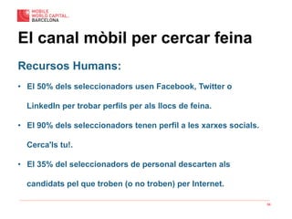 56
El canal mòbil per cercar feina
Recursos Humans:
•  El 50% dels seleccionadors usen Facebook, Twitter o
LinkedIn per trobar perfils per als llocs de feina.
•  El 90% dels seleccionadors tenen perfil a les xarxes socials.
Cerca'ls tu!.
•  El 35% del seleccionadors de personal descarten als
candidats pel que troben (o no troben) per Internet.
 