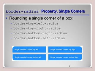 border-radius Property, Single Corners
• Rounding a single corner of a box:
– border-top-left-radius
– border-top-right-radius
– border-bottom-right-radius
– border-bottom-left-radius

6

 