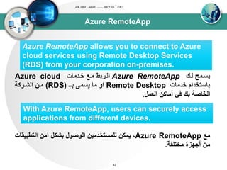 Azure RemoteApp
‫إعداد‬"‫احمد‬ ‫ساره‬......‫تصميم‬:‫جابر‬ ‫محمد‬
32
Azure RemoteApp allows you to connect to Azure
cloud services using Remote Desktop Services
(RDS) from your corporation on-premises.
‫دك‬‫د‬‫و‬ ‫يسدت‬Azure RemoteApp‫ددتاا‬‫د‬‫خ‬ ‫دع‬‫د‬‫ت‬ ‫اودربط‬Azure cloud
‫خدتاا‬ ‫باستخدام‬Remote Desktop‫بــ‬ ‫يست‬ ‫تا‬ ‫او‬(RDS)‫اوشدركى‬ ‫تدن‬
‫اوعتل‬ ‫أتاكن‬ ‫في‬ ‫بك‬ ‫اوخاصى‬.
With Azure RemoteApp, users can securely access
applications from different devices.
‫تع‬Azure RemoteApp،‫اوتطبي‬ ‫آتن‬ ‫بشكل‬ ‫اووصول‬ ‫ولتستخدتين‬ ‫يتكن‬‫قاا‬
‫تختلبى‬ ‫أجيزة‬ ‫تن‬.
 