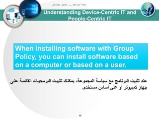 Understanding Device-Centric IT and
People-Centric IT
‫إعداد‬"‫احمد‬ ‫ساره‬......‫تصميم‬:‫جابر‬ ‫محمد‬
46
When installing software with Group
Policy, you can install software based
on a computer or based on a user.
‫اوق‬ ‫اوبرتجيداا‬ ‫تثبيدا‬ ‫يتكندك‬ ،‫اوتجتوعى‬ ‫سياسى‬ ‫تع‬ ‫اوبرنات‬ ‫تثبيا‬ ‫عند‬‫علد‬ ‫ائتدى‬
‫تستخدم‬ ‫أساش‬ ‫عل‬ ‫أو‬ ‫كتبيوتر‬ ‫جياز‬.
 