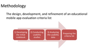 Methodology
The design, development, and refinement of an educational
mobile app evaluation criteria list
1) Developing
the initial
codebook
2) Conducting
usability
studies
3) Analyzing
the usability
data
Preparing the
criteria list
 