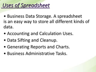 Uses of Spreadsheet
• Business Data Storage. A spreadsheet
is an easy way to store all different kinds of
data.
• Accounting and Calculation Uses.
• Data Sifting and Cleanup.
• Generating Reports and Charts.
• Business Administrative Tasks.
 