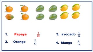 1. Papaya
𝟏
𝟏𝟐
2. Orange
𝟐
𝟏𝟐
3. avocado
𝟒
𝟏𝟐
4. Mango
𝟒
𝟏𝟐
 