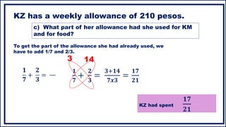 KZ has a weekly allowance of 210 pesos.
To get the part of the allowance she had already used, we
have to add 1/7 and 2/3.
𝟏
𝟕
+
𝟐
𝟑
=
KZ had spent
𝟏𝟕
𝟐𝟏
c) What part of her allowance had she used for KM
and for food?
𝟏
𝟕
+
𝟐
𝟑
=
𝟑+𝟏𝟒
𝟕𝒙𝟑
=
𝟏𝟕
𝟐𝟏
3 14
 