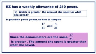 KZ has a weekly allowance of 210 pesos.
To get which part is greater, we have to compare
𝟏𝟕
𝟐𝟏
𝒂𝒏𝒅
𝟒
𝟐𝟏
Since the denominators are the same,
𝟏𝟕
𝟐𝟏
is greater . The amount she spent is greater than
what she saved.
e) Which is greater the amount she spent or what
she saved?
 