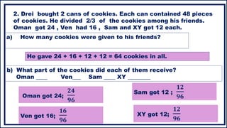 a) How many cookies were given to his friends?
2. Drei bought 2 cans of cookies. Each can contained 48 pieces
of cookies. He divided 2/3 of the cookies among his friends.
Oman got 24 , Ven had 16 , Sam and XY got 12 each.
He gave 24 + 16 + 12 + 12 = 64 cookies in all.
b) What part of the cookies did each of them receive?
Oman ____ Ven___ Sam ____ XY ________
Ven got 16;
𝟏𝟔
𝟗𝟔
Oman got 24;
𝟐𝟒
𝟗𝟔
Sam got 12 ;
𝟏𝟐
𝟗𝟔
XY got 12;
𝟏𝟐
𝟗𝟔
 