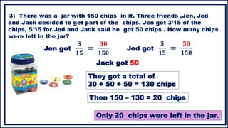 3) There was a jar with 150 chips in it. Three friends ,Jen, Jed
and Jack decided to get part of the chips. Jen got 3/15 of the
chips, 5/15 for Jed and Jack said he got 50 chips . How many chips
were left in the jar?
Jen got
𝟑
𝟏𝟓
=
𝟑𝟎
𝟏𝟓𝟎
Jed got
𝟓
𝟏𝟓
=
𝟓𝟎
𝟏𝟓𝟎
Jack got 50
They got a total of
30 + 50 + 50 = 130 chips
Then 150 – 130 = 20 chips
Only 20 chips were left in the jar.
 