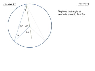 Lesson 41                                      10.10.11

                  a
                        b   To prove that angle at
                            centre is equal to 2a + 2b



            180o - 2a

                      2a
            a
 