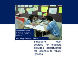 Find the distance
between two given
points.
Bina Bangsa School, Jakarta
                      Singapore         Math
                      courses for teachers
                      provides opportunities
                      for teachers to ‘study’
                      lessons.
 