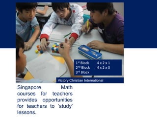1st Block     4x2x1
                            2nd Block     4x2x3
                            3rd Block

                Victory Christian International
                School, Manila
Singapore         Math
courses for teachers
provides opportunities
for teachers to ‘study’
lessons.
 