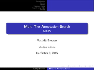 Introduction
Lucene
MTAS
Tokenizer FoLiA
Search using CQL
Results
Multi Tier Annotation Search
MTAS
Matthijs Brouwer
Meertens Institute
December 8, 2015
Matthijs Brouwer Multi Tier Annotation Search
 