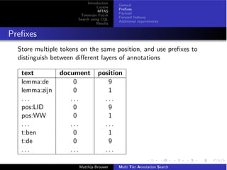 Introduction
Lucene
MTAS
Tokenizer FoLiA
Search using CQL
Results
General
Preﬁxes
Payload
Forward Indexes
Additional requirements
Preﬁxes
Store multiple tokens on the same position, and use preﬁxes to
distinguish between di↵erent layers of annotations
text document position
lemma:de 0 9
lemma:zijn 0 1
. . . . . . . . .
pos:LID 0 9
pos:WW 0 1
. . . . . . . . .
t:ben 0 1
t:de 0 9
. . . . . . . . .
Matthijs Brouwer Multi Tier Annotation Search
 