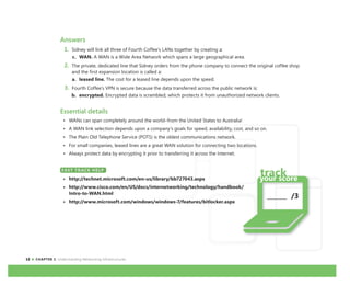 12 CHAPTER 1: Understanding Networking Infrastructures
_______ /3
Answers
1. Sidney will link all three of Fourth Coffee’s LANs together by creating a:
c. WAN. A WAN is a Wide Area Network which spans a large geographical area.
2. The private, dedicated line that Sidney orders from the phone company to connect the original coffee shop
and the first expansion location is called a:
a. leased line. The cost for a leased line depends upon the speed.
3. Fourth Coffee’s VPN is secure because the data transferred across the public network is:
b. encrypted. Encrypted data is scrambled, which protects it from unauthorized network clients.
Essential details
• WANs can span completely around the world–from the United States to Australia!
• A WAN link selection depends upon a company’s goals for speed, availability, cost, and so on.
• The Plain Old Telephone Service (POTS) is the oldest communications network.
• For small companies, leased lines are a great WAN solution for connecting two locations.
• Always protect data by encrypting it prior to transferring it across the Internet.
FAST TRACK HELP
• http://technet.microsoft.com/en-us/library/bb727043.aspx
• http://www.cisco.com/en/US/docs/internetworking/technology/handbook/
Intro-to-WAN.html
• http://www.microsoft.com/windows/windows-7/features/bitlocker.aspx
FAST TRACK HELP
 