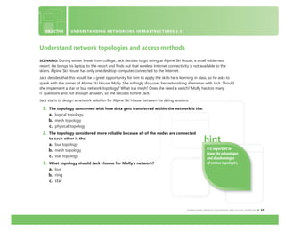 Understand network topologies and access methods 17
It is important to
know the advantages
and disadvantages
of various topologies.
Understand network topologies and access methods
SCENARIO: During winter break from college, Jack decides to go skiing at Alpine Ski House, a small wilderness
resort. He brings his laptop to the resort and ﬁnds out that wireless Internet connectivity is not available to the
skiers. Alpine Ski House has only one desktop computer connected to the Internet.
Jack decides that this would be a great opportunity for him to apply the skills he is learning in class, so he asks to
speak with the owner of Alpine Ski House, Molly. She willingly discusses her networking dilemmas with Jack. Should
she implement a star or bus network topology? What is a mesh? Does she need a switch? Molly has too many
IT questions and not enough answers, so she decides to hire Jack.
Jack starts to design a network solution for Alpine Ski House between his skiing sessions.
1. The topology concerned with how data gets transferred within the network is the:
a. logical topology
b. mesh topology
c. physical topology
2. The topology considered more reliable because all of the nodes are connected
to each other is the:
a. bus topology
b. mesh topology
c. star topology
3. What topology should Jack choose for Molly’s network?
a. bus
b. ring
c. star
OBJECTIVE UNDERSTANDING NETWORKING INFRASTRUCTURES 1.5
 
