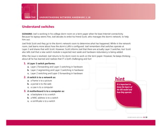 Understand switches 23
OBJECTIVE UNDERSTANDING NETWORK HARDWARE 2.1B
It is important to
know the layers of
the OSI model and
how they operate.
Understand switches
SCENARIO: Joel is working in his college dorm room on a term paper when he loses Internet connectivity.
Because his laptop seems ﬁne, Joel decides to enlist his friend Scott, who manages the dorm’s network, to help
him out.
Joel ﬁnds Scott and they go to the dorm’s network room to determine what has happened. While in the network
room, Joel learns more about how the dorm’s LAN is conﬁgured. Joel remembers that switches operate at
Layer 2 and shares that with Scott. However, Scott informs Joel that there are actually Layer 3 switches, too! Scott
also tells Joel that a new switch module is expected next week and hardware redundancy is being added.
After the issue is resolved, Joel returns to his dorm room to work on the term paper. However, he keeps thinking
about all he has learned and realizes that IT is both challenging and fun!
1. A Layer 3 switch performs:
a. Layer 2 forwarding and Layer 3 switching in hardware
b. Layer 2 segmenting and Layer 3 switching in hardware
c. Layer 2 switching and Layer 3 forwarding in hardware
2. A switch is to a network as:
a. a frame is to a picture
b. a portal is to the web
c. a case is to a computer
3. A motherboard is to a computer as:
a. a backplane is to a switch
b. a MAC address is to a switch
c. a certificate is to a switch
 