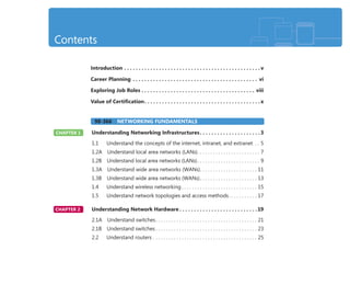 Introduction . . . . . . . . . . . . . . . . . . . . . . . . . . . . . . . . . . . . . . . . . . . . . . . v
Career Planning . . . . . . . . . . . . . . . . . . . . . . . . . . . . . . . . . . . . . . . . . . . vi
Exploring Job Roles . . . . . . . . . . . . . . . . . . . . . . . . . . . . . . . . . . . . . . . viii
Value of Certiﬁcation. . . . . . . . . . . . . . . . . . . . . . . . . . . . . . . . . . . . . . . . x
98-366 NETWORKING FUNDAMENTALS
CHAPTER 1 Understanding Networking Infrastructures. . . . . . . . . . . . . . . . . . . . .3
1.1 Understand the concepts of the internet, intranet, and extranet . . 5
1.2A Understand local area networks (LANs). . . . . . . . . . . . . . . . . . . . . . . . 7
1.2B Understand local area networks (LANs). . . . . . . . . . . . . . . . . . . . . . . . 9
1.3A Understand wide area networks (WANs). . . . . . . . . . . . . . . . . . . . . . 11
1.3B Understand wide area networks (WANs). . . . . . . . . . . . . . . . . . . . . . 13
1.4 Understand wireless networking . . . . . . . . . . . . . . . . . . . . . . . . . . . . . 15
1.5 Understand network topologies and access methods. . . . . . . . . . . 17
CHAPTER 2 Understanding Network Hardware . . . . . . . . . . . . . . . . . . . . . . . . . . .19
2.1A Understand switches. . . . . . . . . . . . . . . . . . . . . . . . . . . . . . . . . . . . . . . 21
2.1B Understand switches . . . . . . . . . . . . . . . . . . . . . . . . . . . . . . . . . . . . . . . 23
2.2 Understand routers . . . . . . . . . . . . . . . . . . . . . . . . . . . . . . . . . . . . . . . . 25
CHAPTER 1
CHAPTER 2
Contents
98-366 NETWORKING FUNDAMENTALS
 