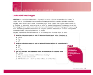 Understand media types 29
The speed and
intended distance
are critical factors
in selecting transmission
media.
OBJECTIVE UNDERSTANDING NETWORK HARDWARE 2.3B
Understand media types
SCENARIO: The School of Fine Art created a project plan to design a network closet for their new building on
campus. Jon, the CIO, would like to recruit students from a local community college to assist with this project.
Mary Kay, one of the recruited students, becomes the project leader. The ﬁrst task assigned to the students will
be to choose the appropriate cable type to use for wiring the required classrooms and the backbone of the LAN.
The media goals for the cable running to the classrooms include ease of installation, keeping costs low, and being
wired. The media goals for the backbone include being fast and being redundant. The backbone cabling will be
more expensive and that is incorporated into the budget.
Mary Kay and her team of students are ready for the challenge! Are you ready to join the team?
1. Based on the media goals, the type of cable that should be run to the classrooms is:
a. coaxial
b. fiber
c. UTP
2. Based on the media goals, the type of cable that should be used for the backbone is:
a. fiber
b. STP
c. wireless
3. Jon asks Mary Kay what media she would recommend for the common areas.
She replies:
a. “Wireless, because of ease of installation and flexibility.”
b. “Fiber, because of its low cost.”
c. “Wireless because it is secure by default without any configuration.”
 
