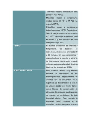 Termófilos: crecen a temperaturas altas
(entre 55 ºC a 75 ºC)
Mesófilos: crecen a temperaturas
medias (entre 30 ºC a 47 ºC). La
mayoría (37ºC).
Psicrófilos: crecen a temperaturas
bajas (menores a 15 ºC). Psicotróficos:
Son microorganismos que crecen entre
0ºC y 7ºC, pero cuya temperatura ideal
es entre 20ºC y 30ºC. (Instituto Nacional
del Aprendizaje, 2022)
TIEMPO En buenas condiciones de ambiente y
temperatura, las bacterias se
reproducen, dividiéndose en 2 cada 20
o 30 minutos. En esas condiciones y
dependiendo de la especie, el alimento
se descompone rápidamente y puede
volverse nocivo para la salud. (Instituto
Nacional del Aprendizaje, 2022)
HUMEDAD RELATIVA Una humedad relativa muy elevada
favorece el crecimiento de los
microorganismos, especialmente de
aquellos que se encuentran en la
superficie. La deshidratación o secado
se utilizada desde hace mucho tiempo
como técnica de conservación de
alimentos. Sin embargo, su almacenaje
se efectúa en condiciones de baja
humedad relativa. Caso contrario, la
humedad (agua) presente en la
atmósfera, tarde o temprano, acabará
 