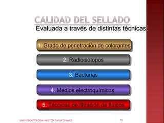 Evaluada a través de distintas técnicas:

            1. Grado de penetración de colorantes
            1. Grado de penetración de colorantes

                              2. Radioisótopos
                              2. Radioisótopos

                                  3. Bacterias
                                  3. Bacterias

                     4. Medios electroquímicos
                     4. Medios electroquímicos

               5. Técnicas de filtración de fluidos
               5. Técnicas de filtración de fluidos

UNFV ODONTOLOGIA- NESTOR TAFUR CHAVEZ            15
 