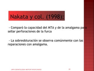 Nakata y col. (1998):
 - Comparó la capacidad del MTA y de la amalgama para
sellar perforaciones de la furca

 - La sobreobturación se observa comúnmente con las
reparaciones con amalgama.




  UNFV ODONTOLOGIA- NESTOR TAFUR CHAVEZ   22
 