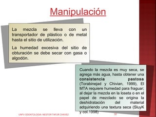 Manipulación
La mezcla se lleva con un
transportador de plástico o de metal
hasta el sitio de utilización.
La humedad excesiva del sitio de
obturación se debe secar con gasa o
algodón.

                                           Cuando la mezcla es muy seca, se
                                           agrega más agua, hasta obtener una
                                           consistencia                 pastosa
                                           (Torabinejad y Chivian, 1999), El
                                           MTA requiere humedad para fraguar;
                                           al dejar la mezcla en la loseta o en el
                                           papel de mezclado se origina la
                                           deshidratación       del       material
                                           adquiriendo una textura seca (SluyK
                                           y col.1998)         32
   UNFV ODONTOLOGIA- NESTOR TAFUR CHAVEZ
 