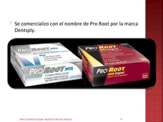    Se comercializo con el nombre de Pro Root por la marca
    Dentsply.




      UNFV ODONTOLOGIA- NESTOR TAFUR CHAVEZ       4
 
