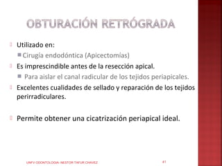    Utilizado en:
     Cirugía endodóntica (Apicectomías)
   Es imprescindible antes de la resección apical.
     Para aislar el canal radicular de los tejidos periapicales.
   Excelentes cualidades de sellado y reparación de los tejidos
    perirradiculares.

   Permite obtener una cicatrización periapical ideal.




       UNFV ODONTOLOGIA- NESTOR TAFUR CHAVEZ         41
 