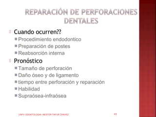    Cuando ocurren??
     Procedimiento endodontico
     Preparación de postes
     Reabsorción interna
   Pronóstico
     Tamaño   de perforación
     Daño óseo y de ligamento
     tiempo entre perforación y reparación
     Habilidad
     Supraósea-infraósea



     UNFV ODONTOLOGIA- NESTOR TAFUR CHAVEZ    43
 