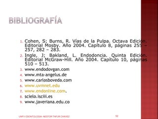 1.   Cohen, S; Burns, R. Vías de la Pulpa. Octava Edición.
     Editorial Mosby. Año 2004. Capítulo 8, páginas 255 –
     257, 282 – 283.
2.   Ingle, J; Bakland, L. Endodoncia. Quinta Edición.
     Editorial McGraw-Hill. Año 2004. Capítulo 10, páginas
     510 – 513.
3.   www.endodovgan.com
4.   www.mta-angelus.de
5.   www.carlosboveda.com
6.   www.uvmnet.edu
7.   www.endonline.com.
8.   scielo.isciii.es
9.   www.javeriana.edu.co


UNFV ODONTOLOGIA- NESTOR TAFUR CHAVEZ       52
 