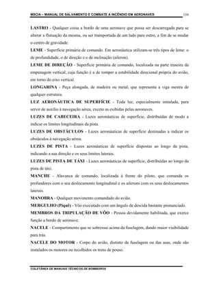 MSCIA – MANUAL DE SALVAMENTO E COMBATE A INCÊNDIO EM AERONAVES                        139


LASTRO - Qualquer coisa a bordo de uma aeronave que possa ser descarregada para se
alterar a flutuação da mesma, ou ser transportada de um lado para outro, a fim de se mudar
o centro de gravidade.
LEME - Superfície primária de comando. Em aeronáutica utilizam-se três tipos de leme: o
de profundidade, o de direção e o de inclinação (aileron).
LEME DE DIREÇÃO - Superfície primária de comando, localizada na parte traseira da
empenagem vertical, cuja função é a de romper a estabilidade direcional própria do avião,
em torno do eixo vertical.
LONGARINA - Peça alongada, de madeira ou metal, que representa a viga mestra de
qualquer estrutura.
LUZ AERONÁUTICA DE SUPERFÍCIE - Toda luz, especialmente instalada, para
servir de auxílio à navegação aérea, exceto as exibidas pelas aeronaves.
LUZES DE CABECEIRA - Luzes aeronáuticas de superfície, distribuídas de modo a
indicar os limites longitudinais da pista.
LUZES DE OBSTÁCULOS - Luzes aeronáuticas de superfície destinadas a indicar os
obstáculos à navegação aérea.
LUZES DE PISTA - Luzes aeronáuticas de superfície dispostas ao longo da pista,
indicando a sua direção e os seus limites laterais.
LUZES DE PISTA DE TÁXI - Luzes aeronáuticas de superfície, distribuídas ao longo da
pista de táxi.
MANCHE - Alavanca de comando, localizada à frente do piloto, que comanda os
profundores com o seu deslocamento longitudinal e os ailerons com os seus deslocamentos
laterais.
MANOBRA - Qualquer movimento comandado do avião.
MERGULHO (Piquê) - Vôo executado com um ângulo de descida bastante pronunciado.
MEMBROS DA TRIPULAÇÃO DE VÔO - Pessoa devidamente habilitada, que exerce
função a bordo de aeronave.
NACELE - Compartimento que se sobressai acima da fuselagem, dando maior visibilidade
para trás.
NACELE DO MOTOR - Corpo do avião, distinto da fuselagem ou das asas, onde são
instalados os motores ou recolhidos os trens de pouso.



COLETÂNEA DE MANUAIS TÉCNICOS DE BOMBEIROS
 