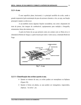 MSCIA – MANUAL DE SALVAMENTO E COMBATE A INCÊNDIO EM AERONAVES                         24


3.2.1- A asa


            É uma superfície plana, horizontal, é o principal aerofólio do avião, sendo a
grande responsável pela sustentação do peso da aeronave durante o vôo, ou seja, sua função
principal é manter o avião no ar.
            A asa também exerce algumas funções secundárias, tais como: alojamento do
trem de pouso, dos tanques de combustível, equipamentos para medição e fotografia,
armamentos, berço dos motores, etc.
            A parte da frente da asa que primeiro entra em contato com os filetes de ar é
chamada de Bordo de Ataque e a parte traseira por onde o vento escoa, é chamada Bordo de
Fuga.




                                        Fig 7 - A asa




3.2.1.1- Classificação dos aviões quanto à asa.
               Quanto ao número de asas, os aviões podem ser monoplanos ou biplanos
               (Figura 10);
               Quanto à forma em planta, as asas podem ser retangulares, trapezoidais,
               elípticas, “em delta”, etc.




COLETÂNEA DE MANUAIS TÉCNICOS DE BOMBEIROS
 