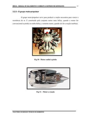 MSCIA – MANUAL DE SALVAMENTO E COMBATE A INCÊNDIO EM AERONAVES                            27


3.2.5 - O grupo moto-propulsor


           O grupo moto-propulsor serve para produzir a tração necessária para vencer a
resistência do ar. É constituído pelo conjunto motor mais hélice, quando o motor for
convencional (a pistão) ou turbo-hélice, e somente motor, quando ele for a reação (turbina).




                              Fig 10 - Motor radial a pistão




                                 Fig 11 – Motor a reação




COLETÂNEA DE MANUAIS TÉCNICOS DE BOMBEIROS
 