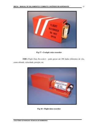 MSCIA – MANUAL DE SALVAMENTO E COMBATE A INCÊNDIO EM AERONAVES                    33




                             Fig 17 - Cockpit voice recorder


           FDR (Flight Data Recorder) – pode gravar até 200 dados diferentes de vôo,
como altitude, velocidade, posição, etc.




                               Fig 18 - Flight data recorder




COLETÂNEA DE MANUAIS TÉCNICOS DE BOMBEIROS
 