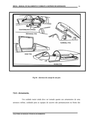 MSCIA – MANUAL DE SALVAMENTO E COMBATE A INCÊNDIO EM AERONAVES                    86




                         Fig 46 – abertura do canopi de um jato




7.6.3 - Armamento.


           Um cuidado maior ainda deve ser tomado quanto aos armamentos de uma
aeronave militar, cuidando para as equipes de socorro não permanecerem na frente das




COLETÂNEA DE MANUAIS TÉCNICOS DE BOMBEIROS
 