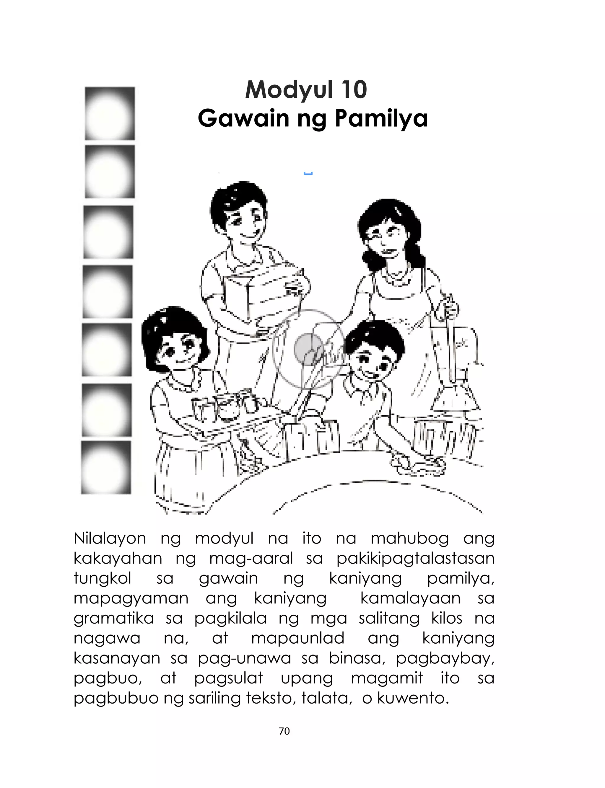 Modyul 10
Gawain ng Pamilya

Nilalayon ng modyul na ito na mahubog ang
kakayahan ng mag-aaral sa pakikipagtalastasan
tungkol
sa
gawain
ng
kaniyang
pamilya,
mapagyaman ang kaniyang
kamalayaan sa
gramatika sa pagkilala ng mga salitang kilos na
nagawa na, at mapaunlad ang kaniyang
kasanayan sa pag-unawa sa binasa, pagbaybay,
pagbuo, at pagsulat upang magamit ito sa
pagbubuo ng sariling teksto, talata, o kuwento.
70

 