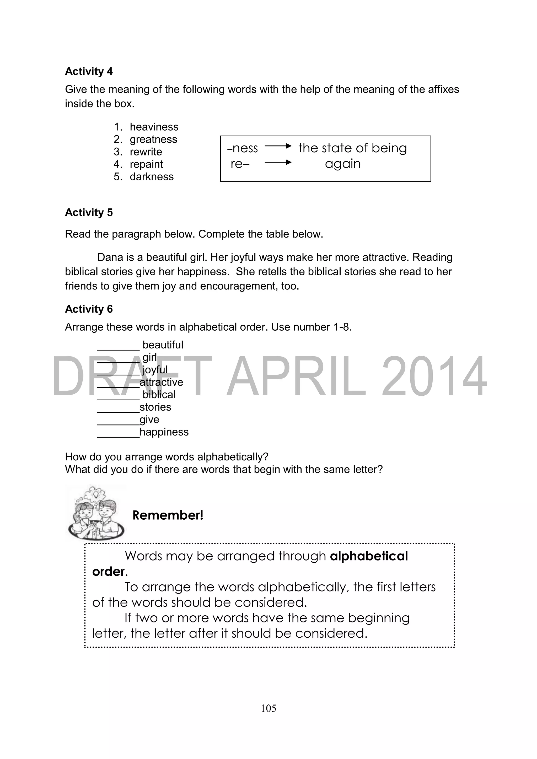105
Activity 4
Give the meaning of the following words with the help of the meaning of the affixes
inside the box.
1. heaviness
2. greatness
3. rewrite
4. repaint
5. darkness
Activity 5
Read the paragraph below. Complete the table below.
Dana is a beautiful girl. Her joyful ways make her more attractive. Reading
biblical stories give her happiness. She retells the biblical stories she read to her
friends to give them joy and encouragement, too.
Activity 6
Arrange these words in alphabetical order. Use number 1-8.
_______ beautiful
_______ girl
_______ joyful
_______attractive
_______ biblical
_______stories
_______give
_______happiness
How do you arrange words alphabetically?
What did you do if there are words that begin with the same letter?
Remember!
Words may be arranged through alphabetical
order.
To arrange the words alphabetically, the first letters
of the words should be considered.
If two or more words have the same beginning
letter, the letter after it should be considered.
–ness the state of being
re– again
 