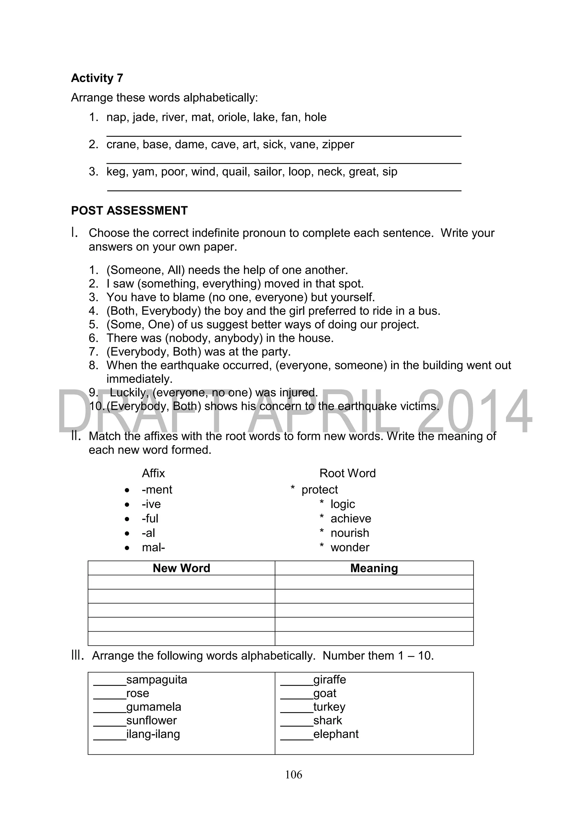 106
Activity 7
Arrange these words alphabetically:
1. nap, jade, river, mat, oriole, lake, fan, hole
2. crane, base, dame, cave, art, sick, vane, zipper
3. keg, yam, poor, wind, quail, sailor, loop, neck, great, sip
POST ASSESSMENT
I. Choose the correct indefinite pronoun to complete each sentence. Write your
answers on your own paper.
1. (Someone, All) needs the help of one another.
2. I saw (something, everything) moved in that spot.
3. You have to blame (no one, everyone) but yourself.
4. (Both, Everybody) the boy and the girl preferred to ride in a bus.
5. (Some, One) of us suggest better ways of doing our project.
6. There was (nobody, anybody) in the house.
7. (Everybody, Both) was at the party.
8. When the earthquake occurred, (everyone, someone) in the building went out
immediately.
9. Luckily, (everyone, no one) was injured.
10.(Everybody, Both) shows his concern to the earthquake victims.
II. Match the affixes with the root words to form new words. Write the meaning of
each new word formed.
Affix Root Word
 -ment * protect
 -ive * logic
 -ful * achieve
 -al * nourish
 mal- * wonder
New Word Meaning
III. Arrange the following words alphabetically. Number them 1 – 10.
_____sampaguita
_____rose
_____gumamela
_____sunflower
_____ilang-ilang
_____giraffe
_____goat
_____turkey
_____shark
_____elephant
 