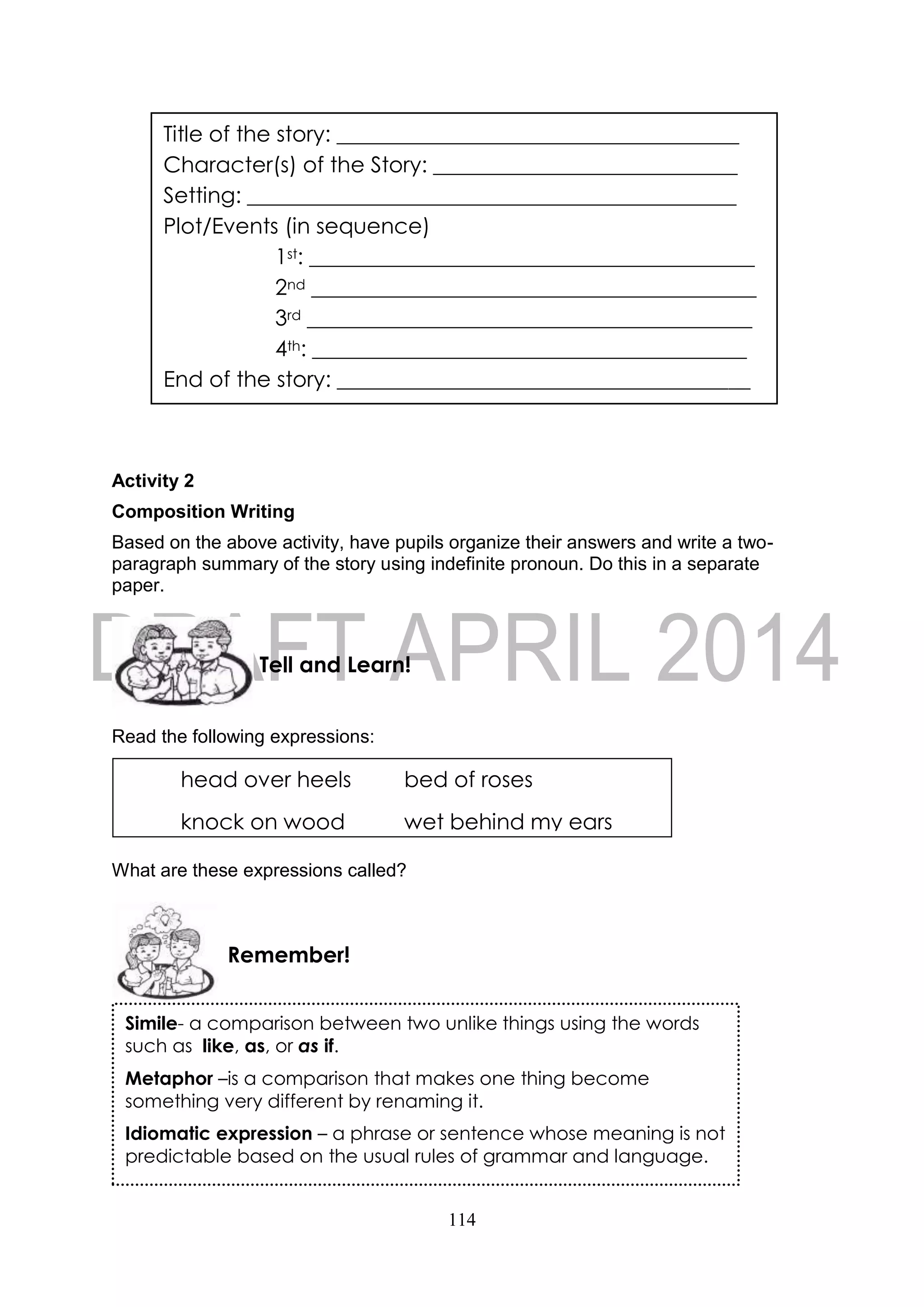 114
Activity 2
Composition Writing
Based on the above activity, have pupils organize their answers and write a two-
paragraph summary of the story using indefinite pronoun. Do this in a separate
paper.
Read the following expressions:
What are these expressions called?
Remember!
head over heels bed of roses
knock on wood wet behind my ears
Tell and Learn!
Title of the story: _____________________________________
Character(s) of the Story: ____________________________
Setting: _____________________________________________
Plot/Events (in sequence)
1st: _________________________________________
2nd _________________________________________
3rd _________________________________________
4th: ________________________________________
End of the story: ______________________________________
Simile- a comparison between two unlike things using the words
such as like, as, or as if.
Metaphor –is a comparison that makes one thing become
something very different by renaming it.
Idiomatic expression – a phrase or sentence whose meaning is not
predictable based on the usual rules of grammar and language.
 
