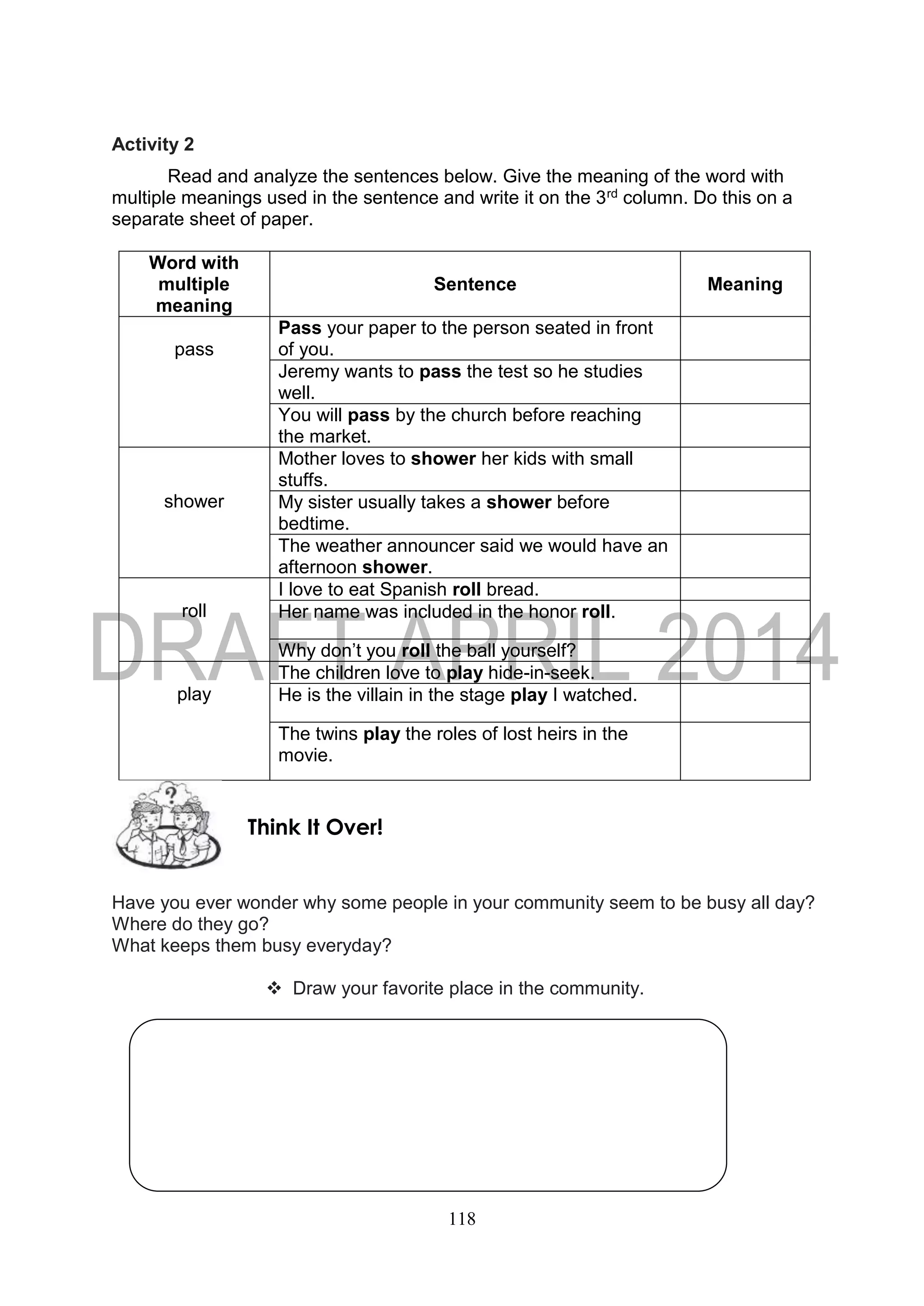 118
Activity 2
Read and analyze the sentences below. Give the meaning of the word with
multiple meanings used in the sentence and write it on the 3rd column. Do this on a
separate sheet of paper.
Word with
multiple
meaning
Sentence Meaning
pass
Pass your paper to the person seated in front
of you.
Jeremy wants to pass the test so he studies
well.
You will pass by the church before reaching
the market.
shower
Mother loves to shower her kids with small
stuffs.
My sister usually takes a shower before
bedtime.
The weather announcer said we would have an
afternoon shower.
roll
I love to eat Spanish roll bread.
Her name was included in the honor roll.
Why don’t you roll the ball yourself?
play
The children love to play hide-in-seek.
He is the villain in the stage play I watched.
The twins play the roles of lost heirs in the
movie.
Have you ever wonder why some people in your community seem to be busy all day?
Where do they go?
What keeps them busy everyday?
 Draw your favorite place in the community.
Think It Over!
 