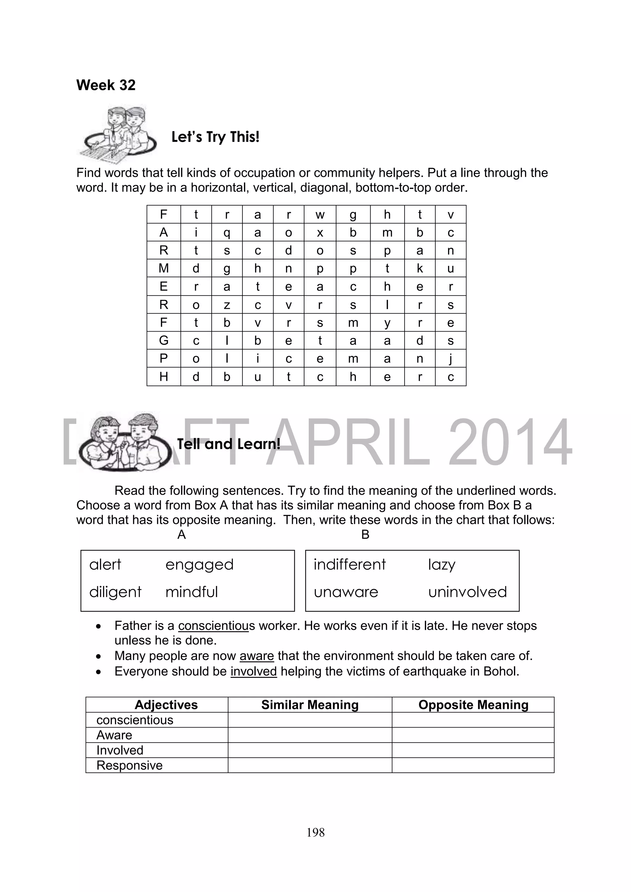 198
Week 32
Find words that tell kinds of occupation or community helpers. Put a line through the
word. It may be in a horizontal, vertical, diagonal, bottom-to-top order.
F t r a r w g h t v
A i q a o x b m b c
R t s c d o s p a n
M d g h n p p t k u
E r a t e a c h e r
R o z c v r s l r s
F t b v r s m y r e
G c l b e t a a d s
P o l i c e m a n j
H d b u t c h e r c
Read the following sentences. Try to find the meaning of the underlined words.
Choose a word from Box A that has its similar meaning and choose from Box B a
word that has its opposite meaning. Then, write these words in the chart that follows:
A B
 Father is a conscientious worker. He works even if it is late. He never stops
unless he is done.
 Many people are now aware that the environment should be taken care of.
 Everyone should be involved helping the victims of earthquake in Bohol.
Adjectives Similar Meaning Opposite Meaning
conscientious
Aware
Involved
Responsive
Tell and Learn!
Let’s Try This!
alert engaged
diligent mindful
indifferent lazy
unaware uninvolved
 