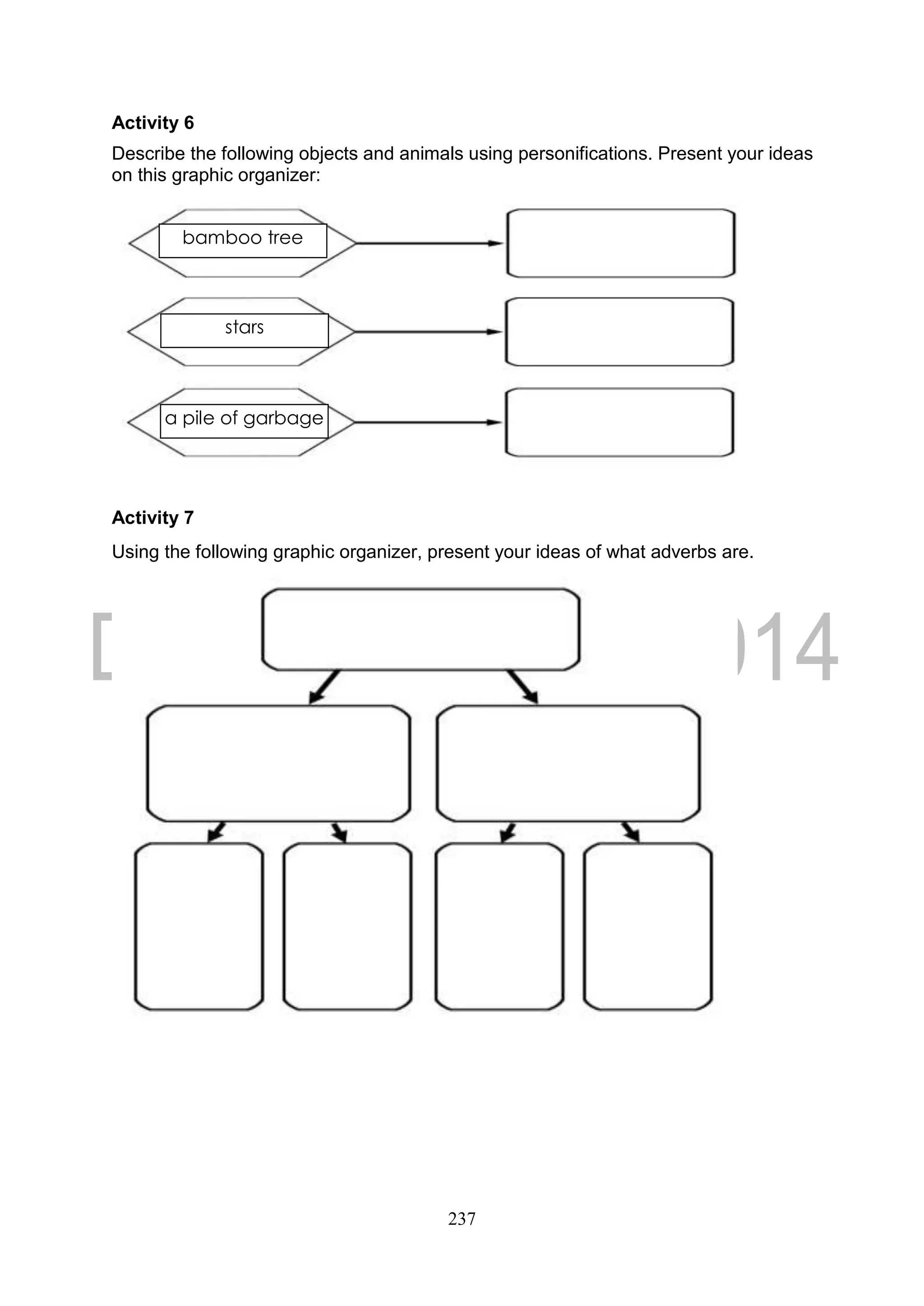 237
Activity 6
Describe the following objects and animals using personifications. Present your ideas
on this graphic organizer:
Activity 7
Using the following graphic organizer, present your ideas of what adverbs are.
bamboo tree
stars
a pile of garbage
 