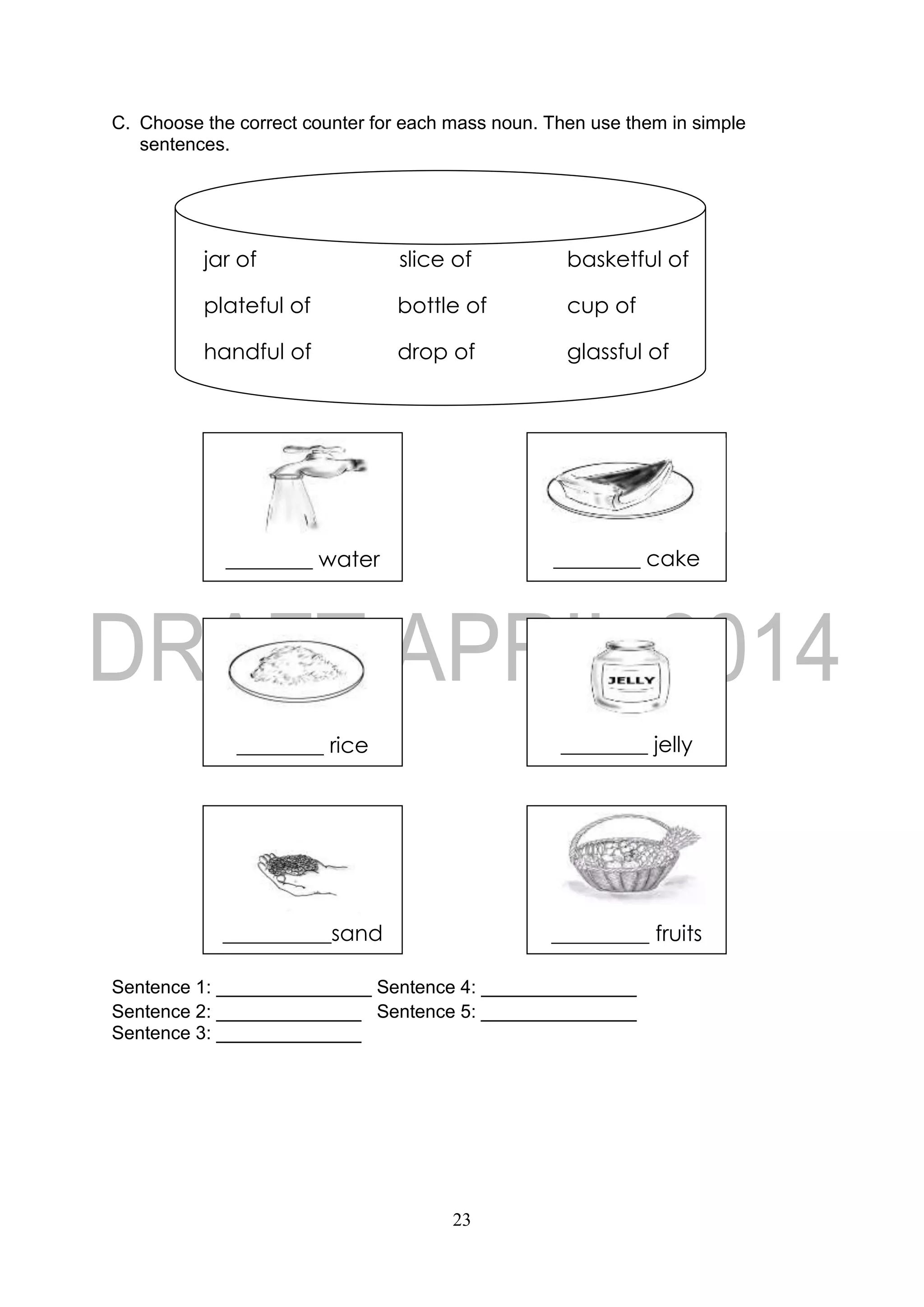 23
C. Choose the correct counter for each mass noun. Then use them in simple
sentences.
Sentence 1: _______________ Sentence 4: _______________
Sentence 2: ______________ Sentence 5: _______________
Sentence 3: ______________
________ water
________ jelly________ rice
________ cake
_____ cake
_________ fruits
________ fruits
__________sand
________ raisins
jar of slice of basketful of
plateful of bottle of cup of
handful of drop of glassful of
 