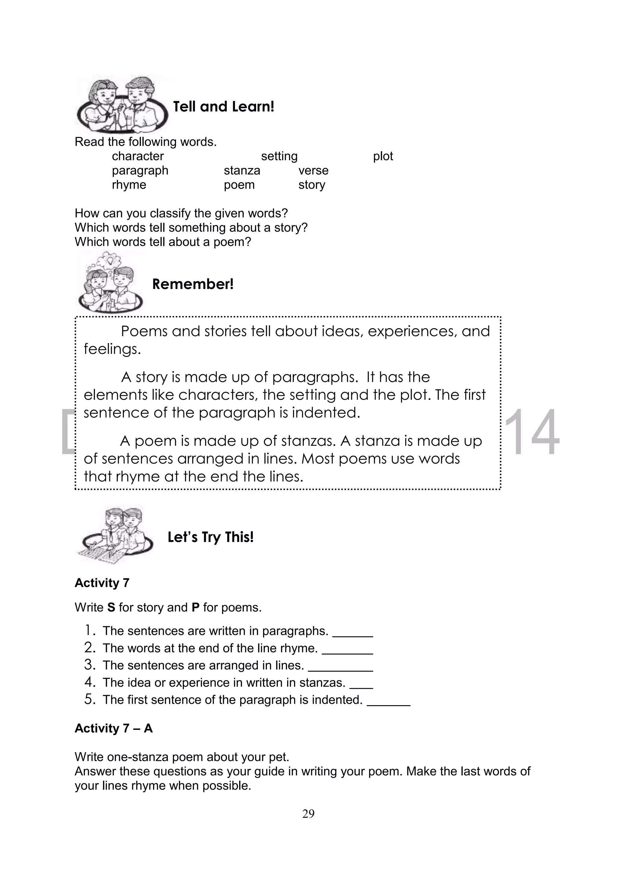 29
Read the following words.
character setting plot
paragraph stanza verse
rhyme poem story
How can you classify the given words?
Which words tell something about a story?
Which words tell about a poem?
Activity 7
Write S for story and P for poems.
1. The sentences are written in paragraphs.
2. The words at the end of the line rhyme.
3. The sentences are arranged in lines.
4. The idea or experience in written in stanzas.
5. The first sentence of the paragraph is indented.
Activity 7 – A
Write one-stanza poem about your pet.
Answer these questions as your guide in writing your poem. Make the last words of
your lines rhyme when possible.
Let’s Try This!
Remember!
Tell and Learn!
Poems and stories tell about ideas, experiences, and
feelings.
A story is made up of paragraphs. It has the
elements like characters, the setting and the plot. The first
sentence of the paragraph is indented.
A poem is made up of stanzas. A stanza is made up
of sentences arranged in lines. Most poems use words
that rhyme at the end the lines.
 