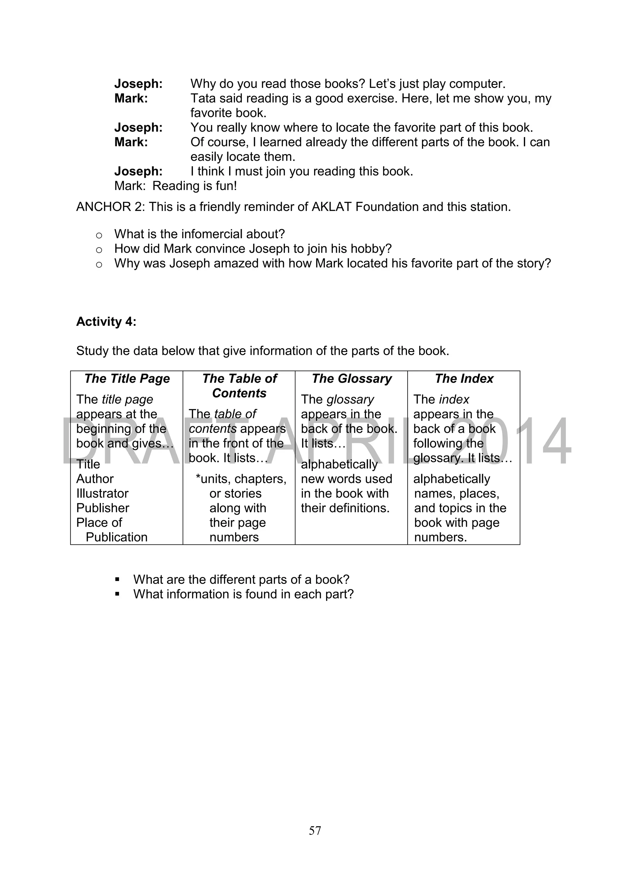 57
Joseph: Why do you read those books? Let’s just play computer.
Mark: Tata said reading is a good exercise. Here, let me show you, my
favorite book.
Joseph: You really know where to locate the favorite part of this book.
Mark: Of course, I learned already the different parts of the book. I can
easily locate them.
Joseph: I think I must join you reading this book.
Mark: Reading is fun!
ANCHOR 2: This is a friendly reminder of AKLAT Foundation and this station.
o What is the infomercial about?
o How did Mark convince Joseph to join his hobby?
o Why was Joseph amazed with how Mark located his favorite part of the story?
Activity 4:
Study the data below that give information of the parts of the book.
The Title Page
The title page
appears at the
beginning of the
book and gives…
Title
Author
Illustrator
Publisher
Place of
Publication
The Table of
Contents
The table of
contents appears
in the front of the
book. It lists…
*units, chapters,
or stories
along with
their page
numbers
The Glossary
The glossary
appears in the
back of the book.
It lists…
alphabetically
new words used
in the book with
their definitions.
The Index
The index
appears in the
back of a book
following the
glossary. It lists…
alphabetically
names, places,
and topics in the
book with page
numbers.
 What are the different parts of a book?
 What information is found in each part?
 