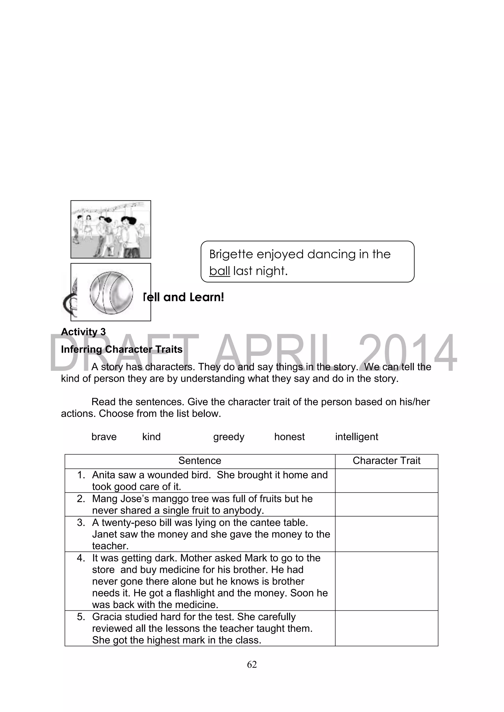 62
Activity 3
Inferring Character Traits
A story has characters. They do and say things in the story. We can tell the
kind of person they are by understanding what they say and do in the story.
Read the sentences. Give the character trait of the person based on his/her
actions. Choose from the list below.
brave kind greedy honest intelligent
Sentence Character Trait
1. Anita saw a wounded bird. She brought it home and
took good care of it.
2. Mang Jose’s manggo tree was full of fruits but he
never shared a single fruit to anybody.
3. A twenty-peso bill was lying on the cantee table.
Janet saw the money and she gave the money to the
teacher.
4. It was getting dark. Mother asked Mark to go to the
store and buy medicine for his brother. He had
never gone there alone but he knows is brother
needs it. He got a flashlight and the money. Soon he
was back with the medicine.
5. Gracia studied hard for the test. She carefully
reviewed all the lessons the teacher taught them.
She got the highest mark in the class.
Tell and Learn!
Brigette enjoyed dancing in the
ball last night.
 
