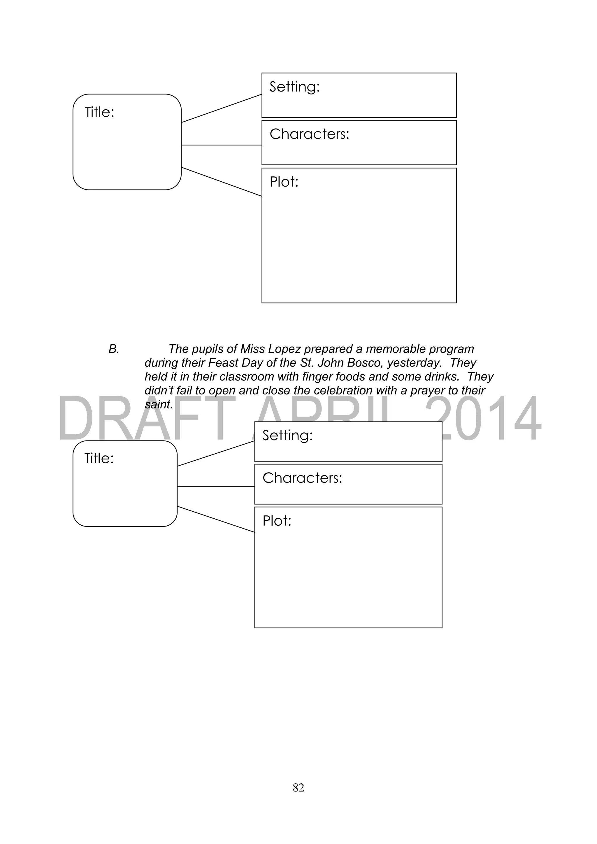 82
B. The pupils of Miss Lopez prepared a memorable program
during their Feast Day of the St. John Bosco, yesterday. They
held it in their classroom with finger foods and some drinks. They
didn’t fail to open and close the celebration with a prayer to their
saint.
Setting:
Plot:
Characters:
Title:
Setting:
Plot:
Characters:
Title:
 