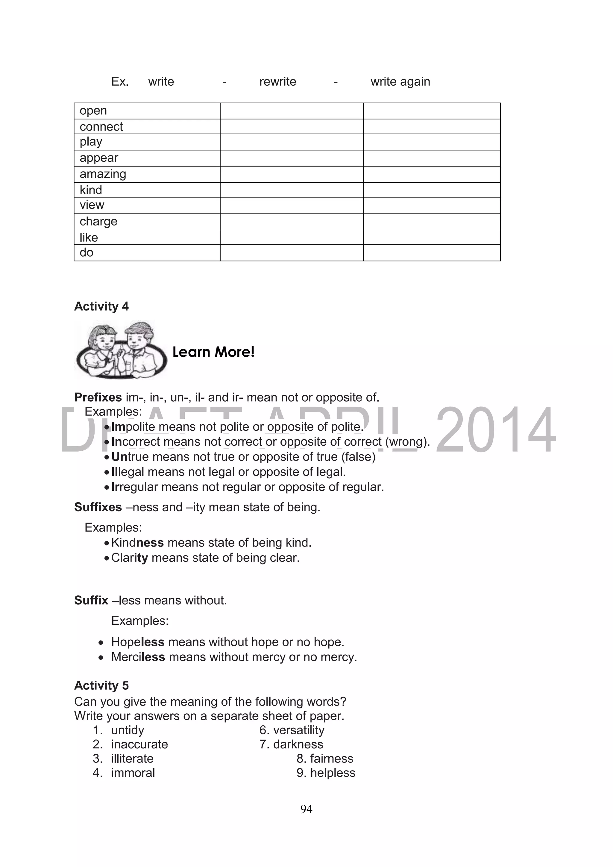 94
Ex. write - rewrite - write again
open
connect
play
appear
amazing
kind
view
charge
like
do
Activity 4
Prefixes im-, in-, un-, il- and ir- mean not or opposite of.
Examples:
Impolite means not polite or opposite of polite.
Incorrect means not correct or opposite of correct (wrong).
Untrue means not true or opposite of true (false)
Illegal means not legal or opposite of legal.
Irregular means not regular or opposite of regular.
Suffixes –ness and –ity mean state of being.
Examples:
Kindness means state of being kind.
Clarity means state of being clear.
Suffix –less means without.
Examples:
 Hopeless means without hope or no hope.
 Merciless means without mercy or no mercy.
Activity 5
Can you give the meaning of the following words?
Write your answers on a separate sheet of paper.
1. untidy 6. versatility
2. inaccurate 7. darkness
3. illiterate 8. fairness
4. immoral 9. helpless
Learn More!
 