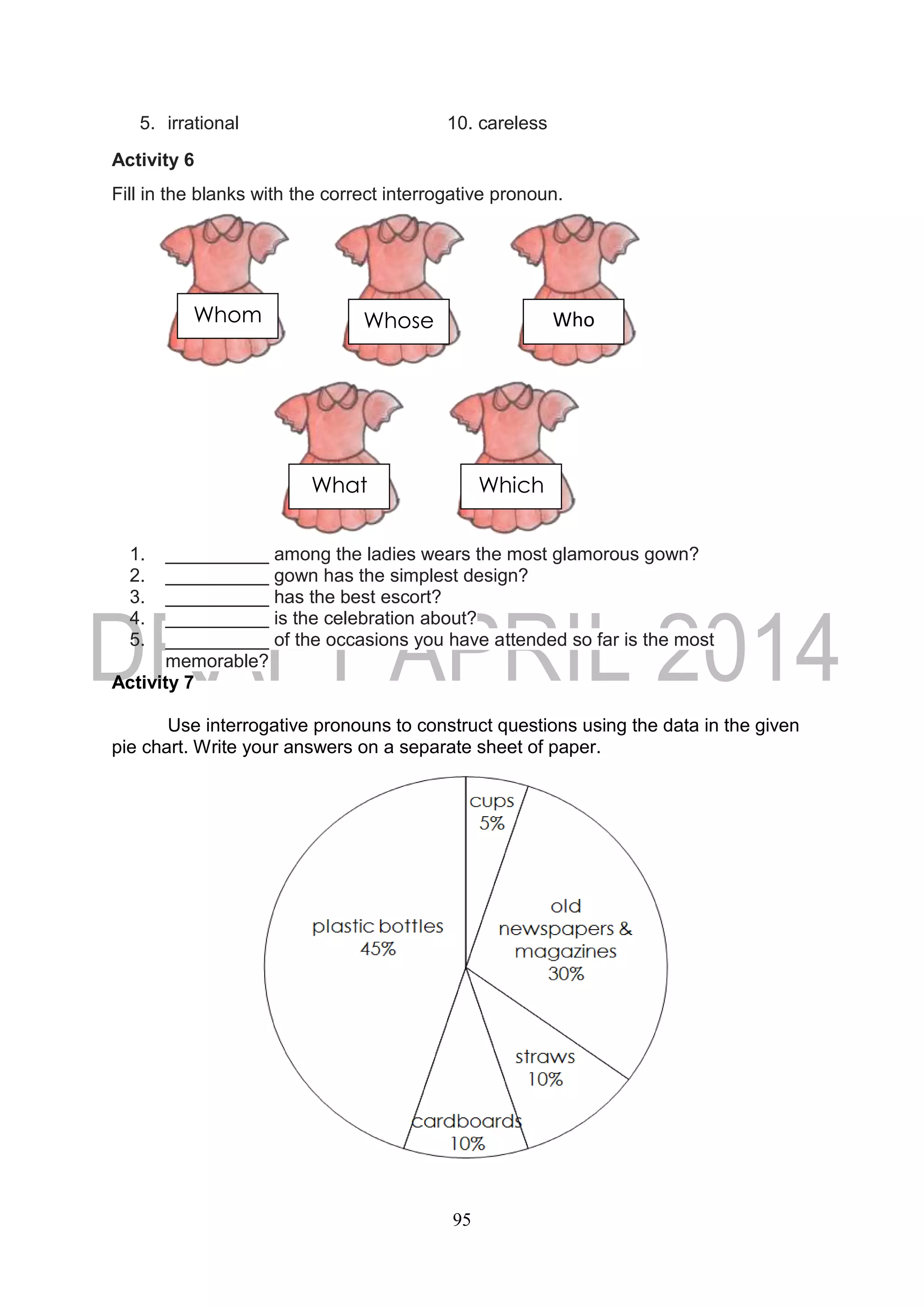 95
5. irrational 10. careless
Activity 6
Fill in the blanks with the correct interrogative pronoun.
1. __________ among the ladies wears the most glamorous gown?
2. __________ gown has the simplest design?
3. __________ has the best escort?
4. __________ is the celebration about?
5. __________ of the occasions you have attended so far is the most
memorable?
Activity 7
Use interrogative pronouns to construct questions using the data in the given
pie chart. Write your answers on a separate sheet of paper.
WhoWhoseWhom
What Which
 