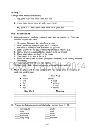 106
Activity 7
Arrange these words alphabetically:
1. nap, jade, river, mat, oriole, lake, fan, hole
2. crane, base, dame, cave, art, sick, vane, zipper
3. keg, yam, poor, wind, quail, sailor, loop, neck, great, sip
POST ASSESSMENT
I. Choose the correct indefinite pronoun to complete each sentence. Write your
answers on your own paper.
1. (Someone, All) needs the help of one another.
2. I saw (something, everything) moved in that spot.
3. You have to blame (no one, everyone) but yourself.
4. (Both, Everybody) the boy and the girl preferred to ride in a bus.
5. (Some, One) of us suggest better ways of doing our project.
6. There was (nobody, anybody) in the house.
7. (Everybody, Both) was at the party.
8. When the earthquake occurred, (everyone, someone) in the building went out
immediately.
9. Luckily, (everyone, no one) was injured.
10.(Everybody, Both) shows his concern to the earthquake victims.
II. Match the affixes with the root words to form new words. Write the meaning of
each new word formed.
Affix Root Word
 -ment * protect
 -ive * logic
 -ful * achieve
 -al * nourish
 mal- * wonder
New Word Meaning
III. Arrange the following words alphabetically. Number them 1 – 10.
_____sampaguita
_____rose
_____gumamela
_____sunflower
_____ilang-ilang
_____giraffe
_____goat
_____turkey
_____shark
_____elephant
 